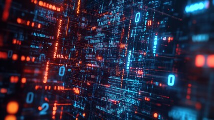 Fototapeta premium Futuristic code matrix with glowing symbols, binary code, and abstract digital shapes forming a complex