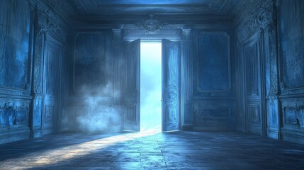 Fototapeta premium In a dark room, light streams in through an open door symbolizing new possibilities, hope, and overcoming problems. 