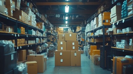 Obraz premium A warehouse aisle with stacked cardboard boxes.