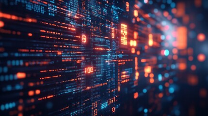 Futuristic code matrix with glowing symbols, binary code, and abstract digital shapes forming a complex