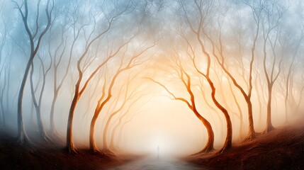 A fogy forest is a mystical and eerie place filled with misty air, damp ground, and ghostly silhouettes of trees that disappear into the fog