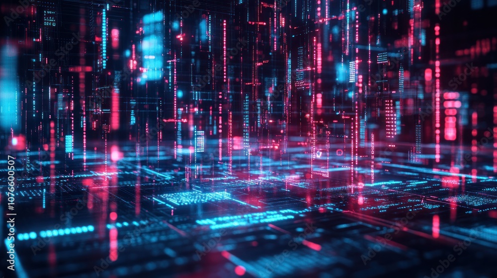 Poster futuristic code matrix with glowing symbols, binary code, and abstract digital shapes forming a comp