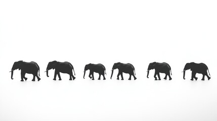 Fototapeta premium elephants in silhouette, walking in a line against a stark white background