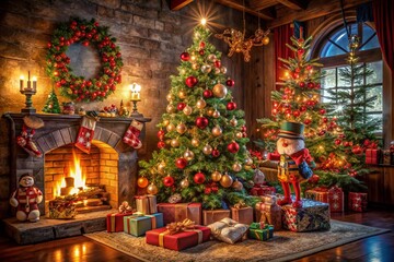 Vintage Christmas Tree with Retro Gifts by a Cozy Fireplace and Nutcracker Figurines, Evoking Nostalgia and Holiday Cheer in a Beautiful Drone Photography Scene