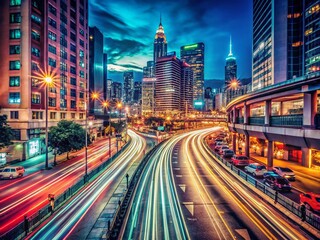 Fototapeta premium Vintage Cityscape at Night with Light Trails on Highway, Showcasing Urban Life and Movement in a Nostalgic Atmosphere, Captured in Colorful Retro Style Photography