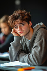 A young man sitting at a desk with his hand on his chin