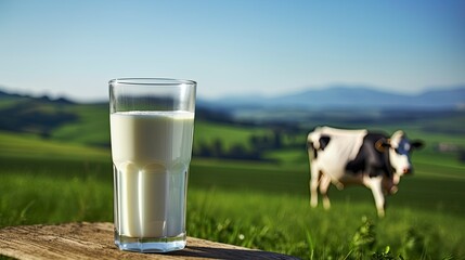 There's a glass of milk on the table in the foreground, with a cow grazing in the background