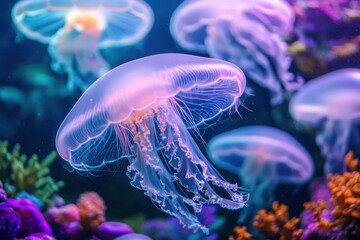 Obraz premium A surreal underwater scene with luminous jellyfish drifting amidst colorful coral reefs and schools of fish, creating an otherworldly, dreamlike aquatic environment.