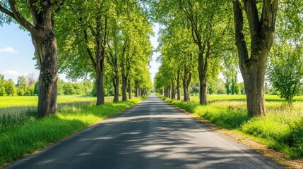 Countryside Road with Tree Lined Path