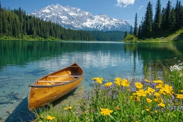 Obraz premium A serene mountain lake with crystal clear water reflecting snow-capped peaks, surrounded by wildflowers and tall pines, with a wooden canoe gently floating, evoking a dream of untouched nature. 