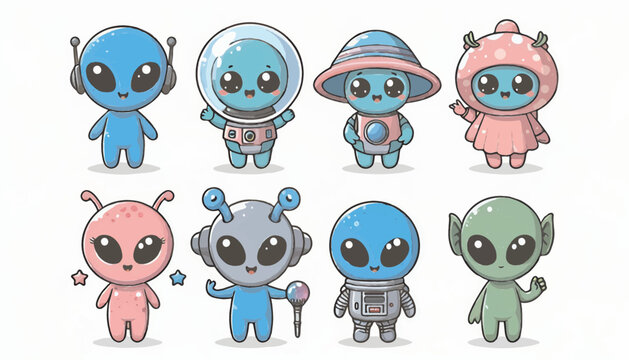 This image features a group of aliens with a very cute and adorable design. Each alien has different characteristics. 
