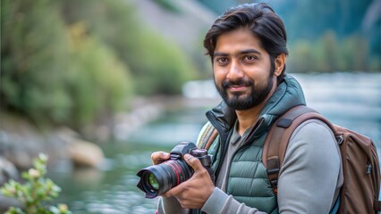 "Confident Indian Man with Camera in Nature" – An Indian man with a camera, exploring the wilderness, showcasing a love for adventure, photography, and self-expression.
