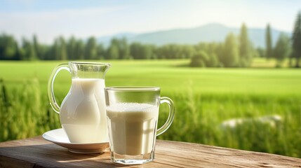 A jug of milk and a glass, dairy products on a table outside, nature background