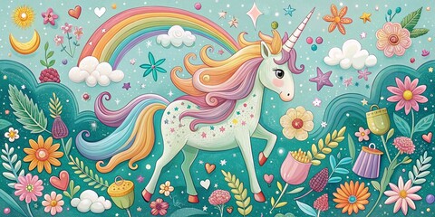 Obraz premium Vintage Style Illustration of a Cute Unicorn Surrounded by Magical Items, Enchanting Colors and Whimsical Elements for Fantasy and Imagination Lovers