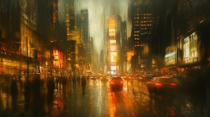 Obraz premium A misty cityscape at night with traffic and pedestrians, illuminated by bright lights.