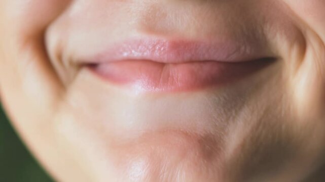 Close-up slow zoom video of a dimple forming as someone smiles under soft, diffused light. Subtle creases radiate from the deepening dimple