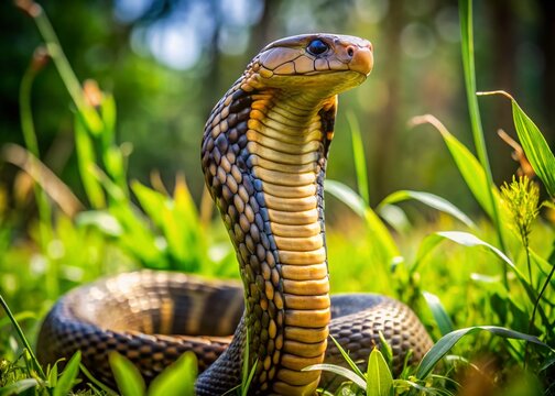 Vintage Style Photography of a Brown Banded Cobra (Naja fuxi) Slithering Through Overgrown Grass, Capturing the Intrigue of Nature's Venomous Creatures in Their Habitat
