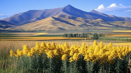 Obraz premium Golden Fields and Majestic Mountain Peaks A Panoramic Landscape of Rural Beauty and Serenity.