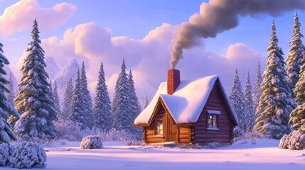 Fototapeta premium Cozy wooden cabin nestled in a serene winter landscape with snow-covered trees and a gentle plume of smoke rising from the chimney under a beautiful sky.