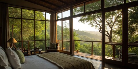 Fototapeta premium Serene Bedroom with Large Windows Overlooking Greenery - Cozy Atmosphere, Natural Light, Interior Decor, Tranquil Space, Modern Design, Relaxing Retreat
