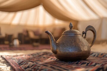 Ornate Silver Teapot on a Colorful Rug in a Tent