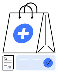 Medical shopping bag with healthcare cross symbol, prescription form, and checkmark. Ideal for e-commerce, telehealth, online pharmacies, medication delivery, health services, digital prescriptions