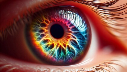 Close-up of the pupil of the eye with rainbow colors