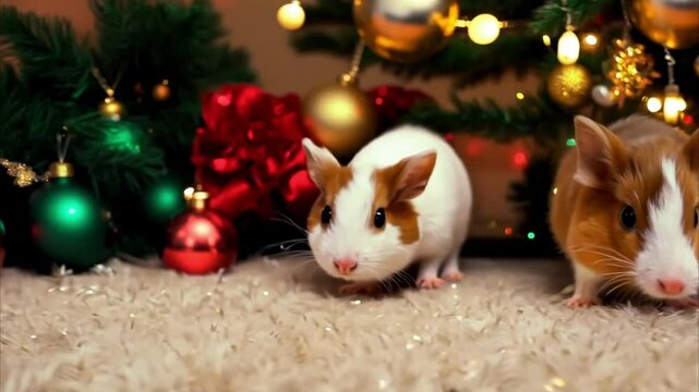 Merry Christmas and Happy New Year, pet rodents, hamster, mouse, guinea pig, talking holiday greetings, eating chewing