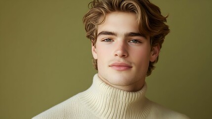 świąteczny portret, młody mężczyzna, blond włosy, kremowy sweter, oliwkowe tło, świąteczna atmosfera, minimalistyczne tło, ciepły uśmiech, naturalna uroda, europejska uroda, casualowy styl, subtelne k