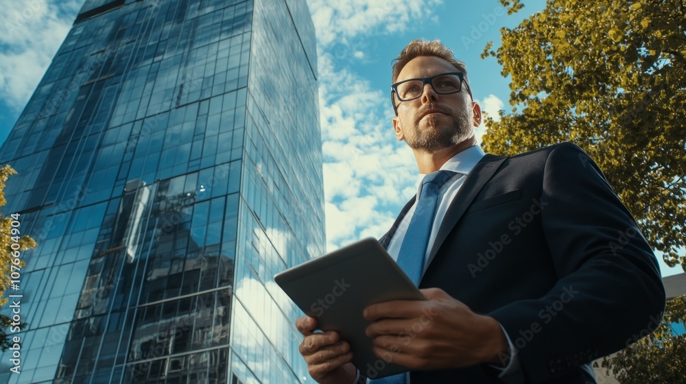 Aufkleber a man in a suit is holding a tablet in front of a large building