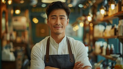 Fototapeta premium A young Asian man smiles confidently while standing in his barbershop.