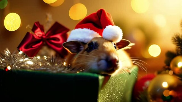 Merry Christmas and Happy New Year, pet rodents, hamster, mouse, guinea pig, talking holiday greetings, eating chewing