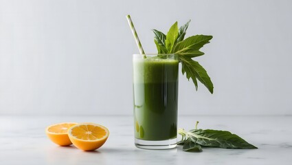 Fototapeta premium Refreshing Green Juice with Leafy Garnish