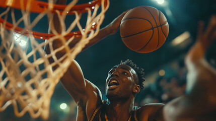 Powerful Basketball Dunk Captured from Below with Basketball Player Reaching for the Hoop