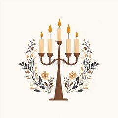 Illustration of the Hanukkah menorahin brown on a white background, with a simple floral design around it. 