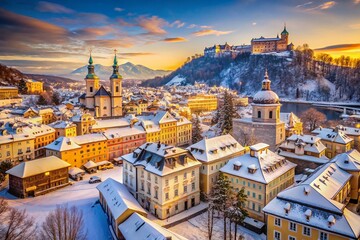 Obraz premium Vintage Style Photography of Mozart's Birthplace in Salzburg during Winter, Capturing the Essence of Classical Music's Genius in a Serene Snowy Landscape