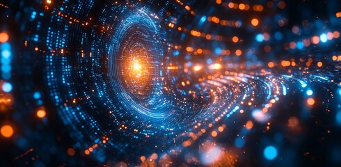 Fototapeta premium Conceptual illustration showing a futuristic digital technology stage layout with a neon blue pedestal or stage. Illustrations depicting futuristic technology design concepts.