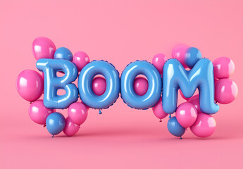 Floating ballons in a shape of word BOOM. Absurd, paradox, explosion background.