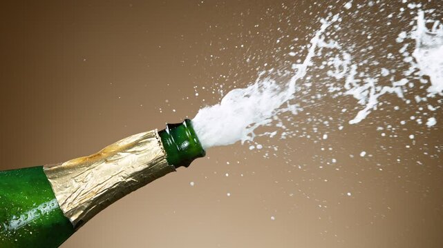 Super slow motion of Champagne explosion with flying cork closure, opening champagne bottle closeup. Filmed on high speed cinematic camera at 1000 frames per second.