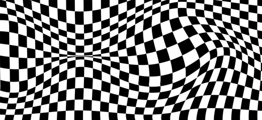 Obraz premium Wavy checkerboard background visual illusion distortion. Chess board. Vector illustration.