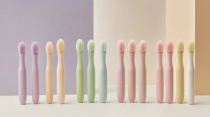 Soft Pastel Colored Toothbrushes Arranged Neatly on a Minimalistic Background with Soft Geometry for Modern Bathroom Decor and Oral Care Aesthetics