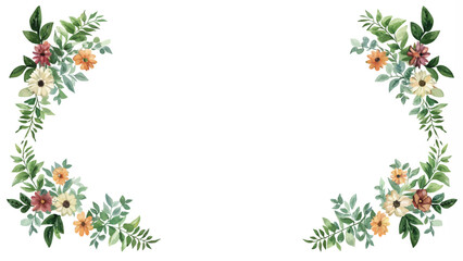 Fototapeta premium Watercolor floral frame with green leaves and flowers. Vector illustration.