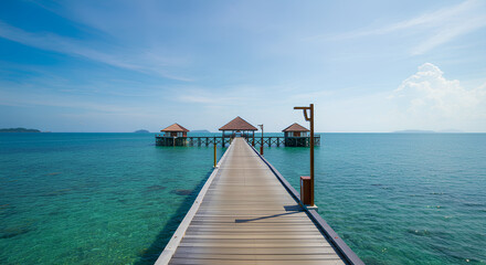 Obraz premium A long pier leads to overwater pavilions in a calm, clear turquoise sea under a bright sky.