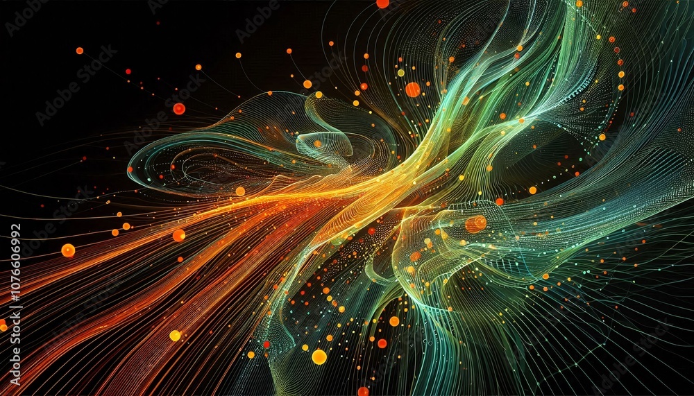 Poster abstract flowing green and orange lines and dots on a black background
