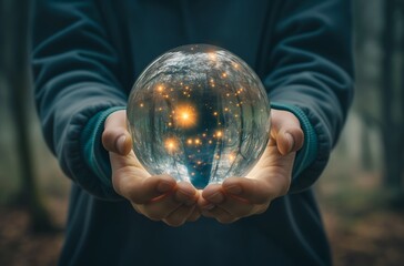 Fortune teller holding glowing crystal ball revealing magical forest scene