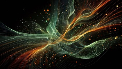 Fototapeta premium Abstract flowing green and orange lines and dots on a black background