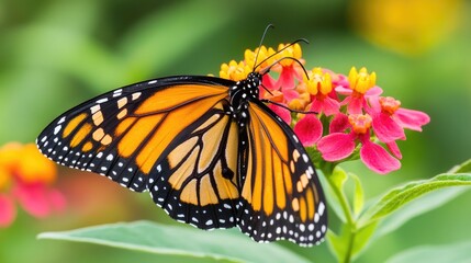 Fototapeta premium Vibrant Monarch Butterfly Resting on Colorful Flowers Amidst Lush Greenery in a Nature Setting Capturing the Beauty of Pollination and Biodiversity