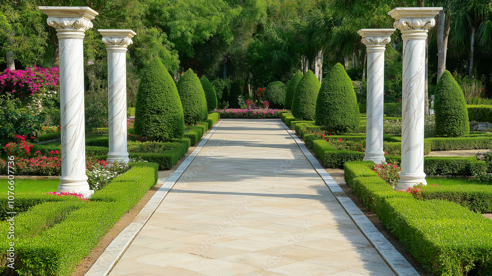 Poster Formal Garden Path Lined with Marble Columns and Topiary