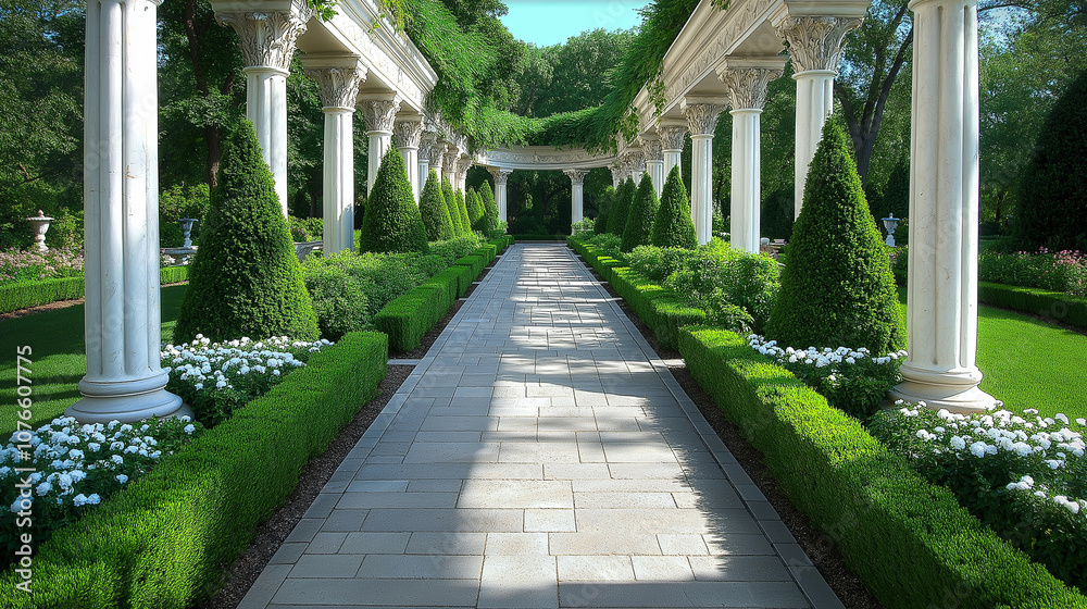 Poster Formal Garden Path Lined with Marble Columns and Topiary