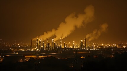 Fototapeta premium A city skyline at night with a large cloud of smoke rising from a factory. The smoke is thick and dark, creating a mood of pollution and industrial activity
